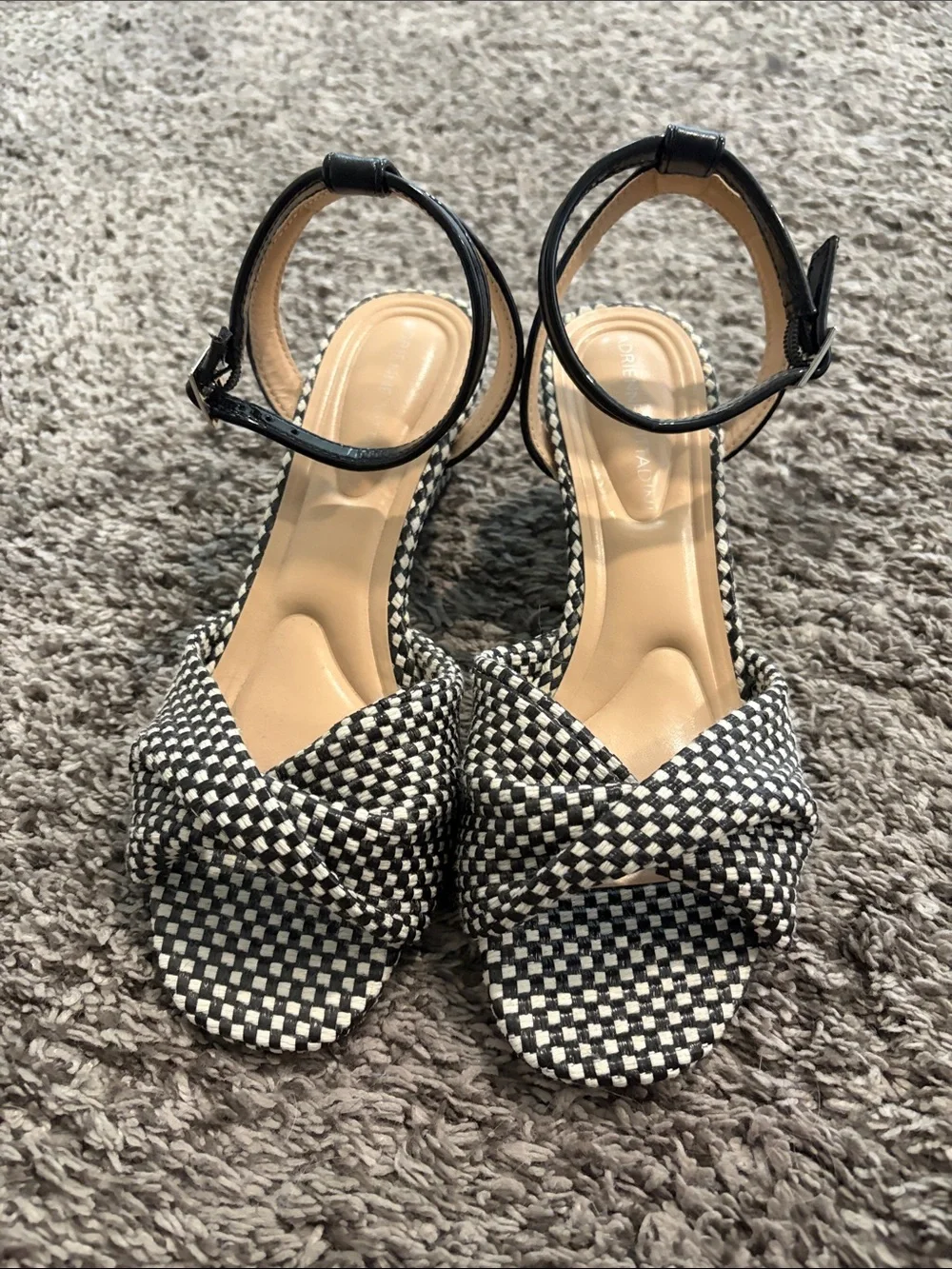 Adrienne Vittadini Black & White Woven Ankle-Strap Wedge Sandals